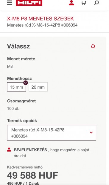 Hilti M8 menetes belvszeg, szg