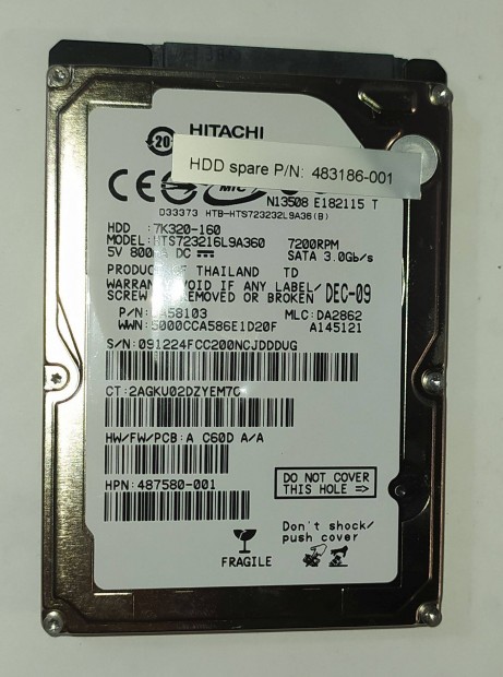 Hitachi 160GB laptop / notebook HDD merevlemez SATA 2.5" 100/100 #Ddug