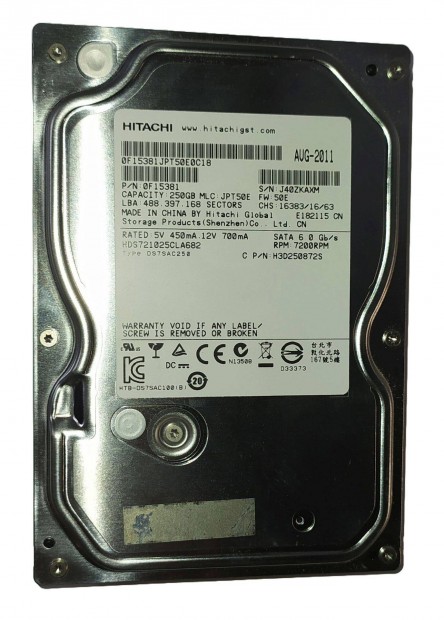 Hitachi 250GB HDD merevlemez SATA 3.5" 100/100 #Kaxm