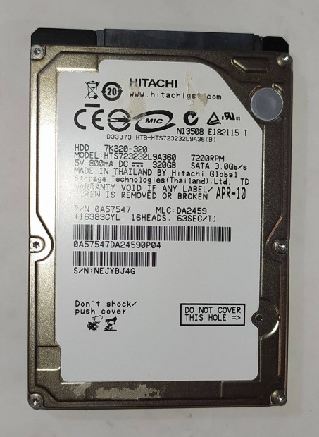 Hitachi 320GB laptop / notebook HDD merevlemez SATA 2.5" 100/100 #BJ4G