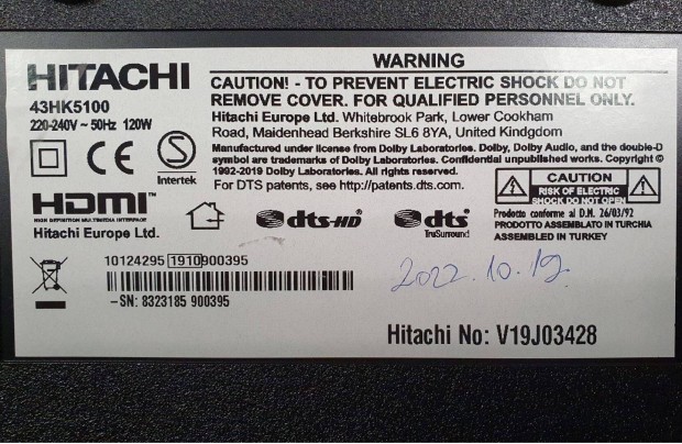 Hitachi 43HK5100 LED LCD tv alkatrésznek táp elkelt 17MB130P