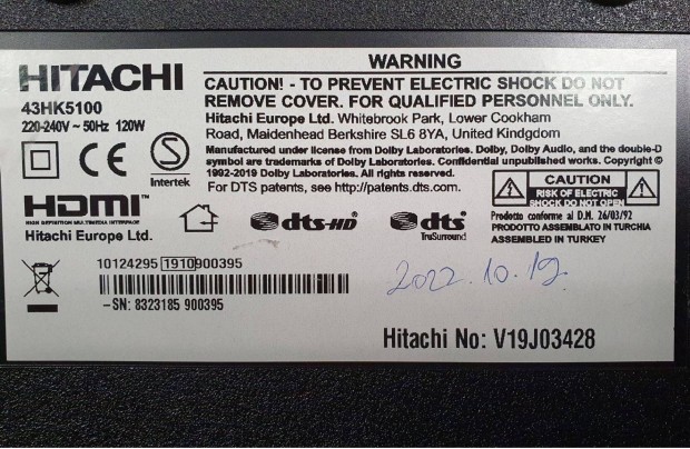 Hitachi 43HK5100  LED LCD tv alkatrsznek tp elkelt 17MB130P 