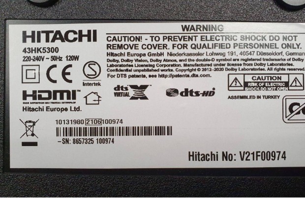 Hitachi 43HK5300 4K UHD Smart LED LCD tv hibás törött alkatrésznek