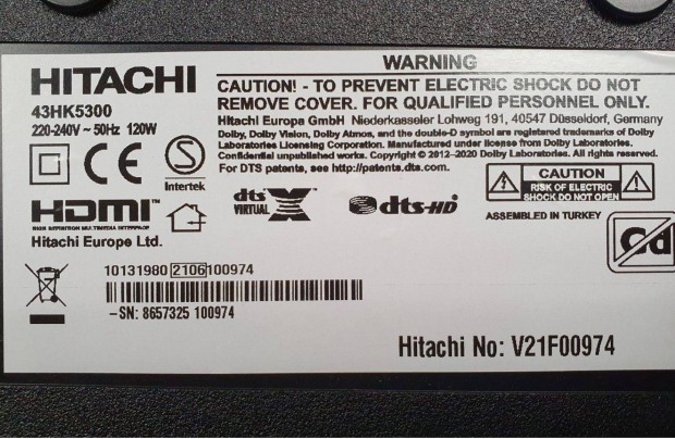 Hitachi 43HK5300 4K UHD Smart LED LCD tv hibs trtt alkatrsznek