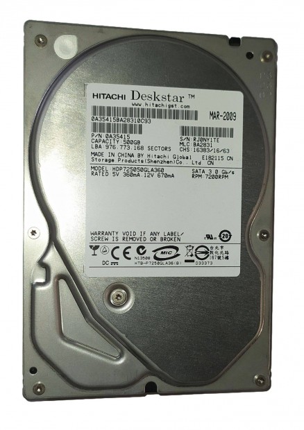 Hitachi 500GB HDD merevlemez SATA 3.5" 100/100 #Y1TE