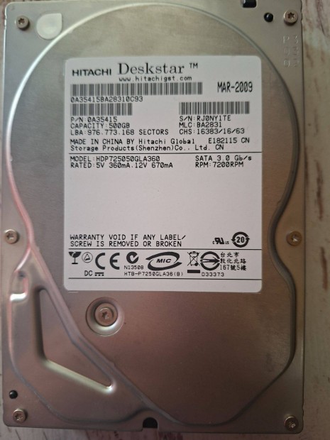 Hitachi 500GB HDD merevlemez SATA