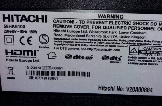 Hitachi 58HK6100 LED LCD tv trtt alkatrsznek j Mainboard elkelt