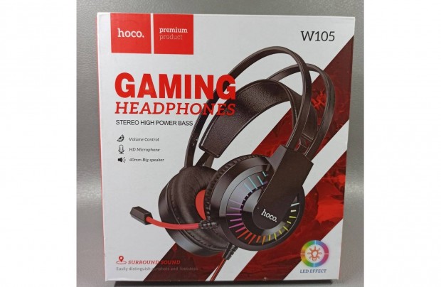 Hoco vezetkes gamer fejhallgat (Piros, 3.5mm jack s USB) j