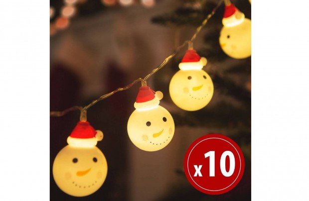 Hóember fej LED fényfüzér 10 LED - 1,1 méter - melegfehér - 3 x AA