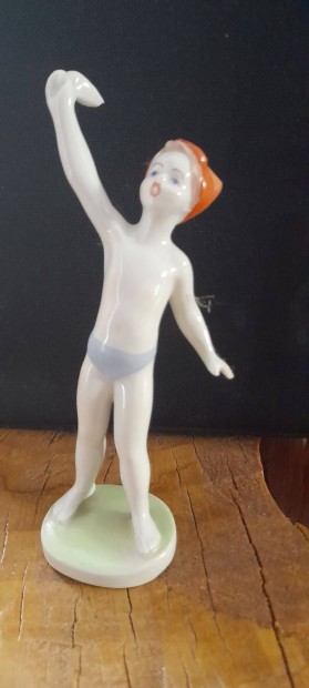 Hollhzi integet kisfi porceln figura eredeti, jelzett, hibtlan