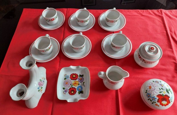 Hollóházi porcelán Kalocsai mintás kávés készlet 6 személyes 14 db-os