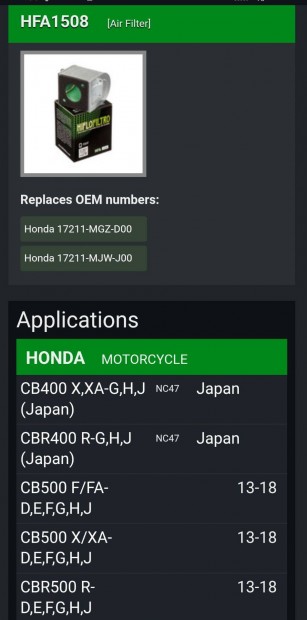 Honda CB500 Hiflo Filtro levegszr HFA1508
