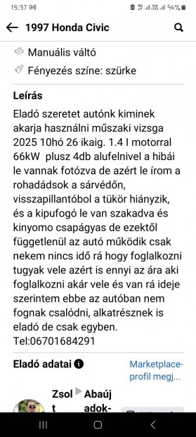 Honda civik 1997-es egyben elad