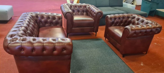 Hoppá!Új bordó valódi bőr chesterfield kanapé + 2 fotel 849eft