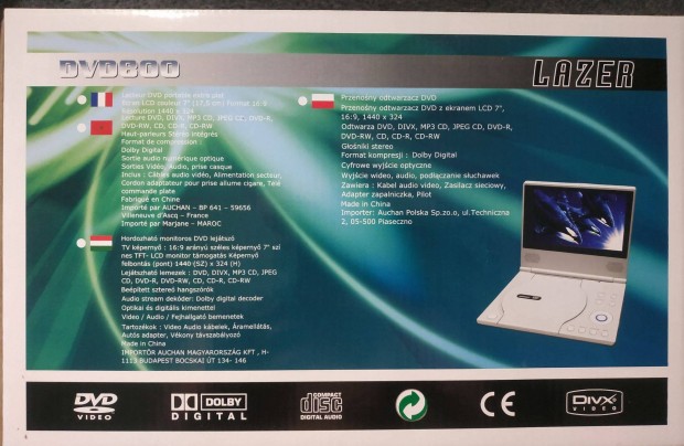 Hordozható DVD-lejátszó képernyővel