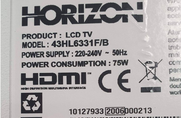 Horizon 43HL6331F/B LED LCD tv hibs trtt 17MB211S 43HL6331