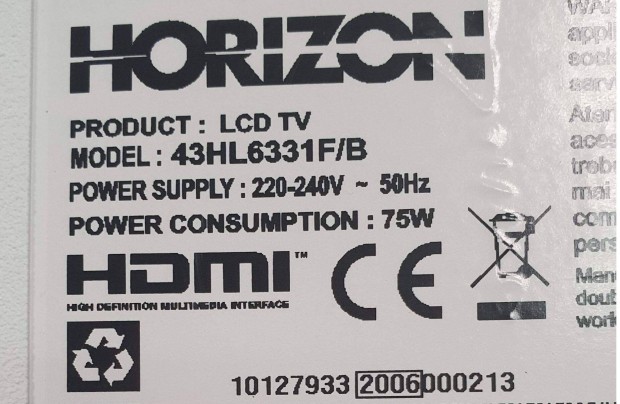 Horizon 43HL6331F/B LED LCD tv hibs trtt 17MB211S 43HL6331