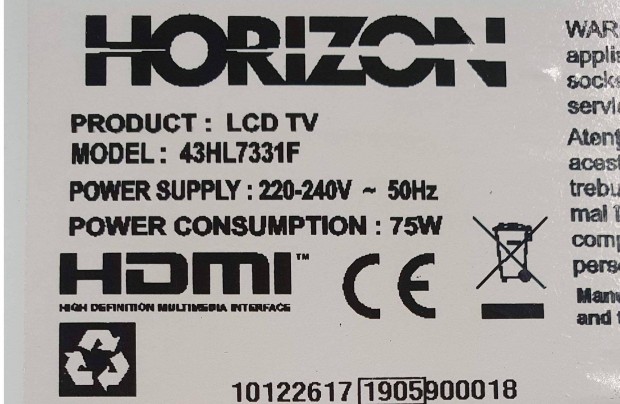 Horizon 43HL7331F Smart LED LCD tv hibs trtt 17IPS12 17MB211S