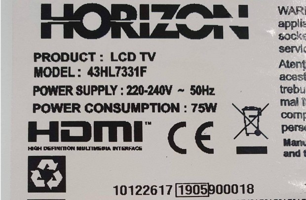 Horizon 43HL7331F Smart LED LCD tv hibs trtt 17IPS12 17MB211S