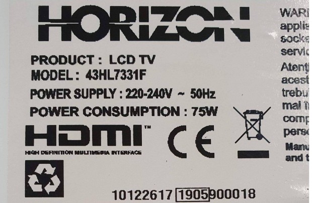 Horizon 43HL7331F Smart LED LCD tv hibs trtt 17IPS12 17MB211S