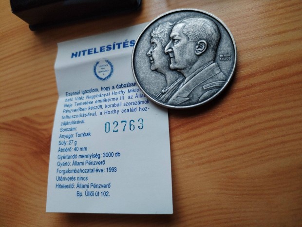 Horthy Mikls jratemetse 1993-as ezstpatinzott certifikttal