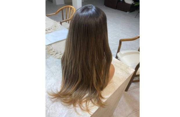 Hosszú, 70% kezelt emberi haj paróka - fekete - világos barna balayage