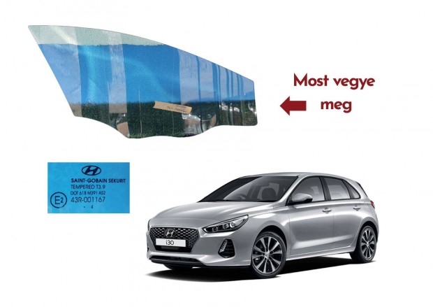Hyundai i30 GD, KIA C'eed JD bal első ajtó ablaküveg E43R001167