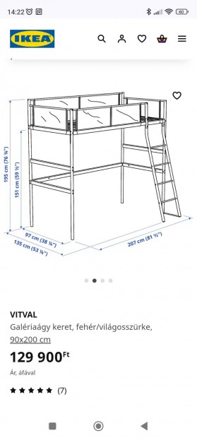 Ikea Vitval fém magasított ágy galériaágy ágykeret