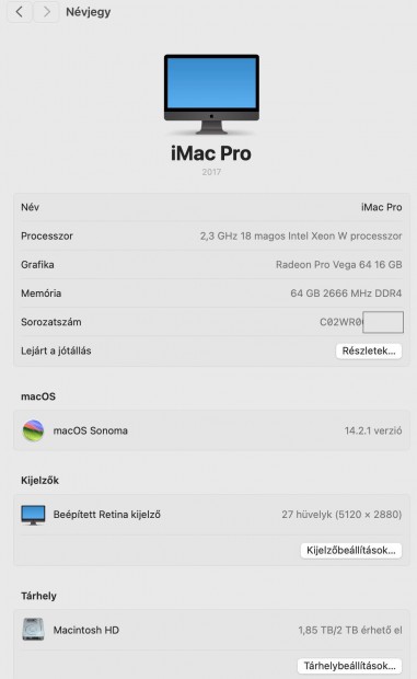 Imac Pro 18 magos,2T ssd., Radeon Pro Vega 64 16 GB