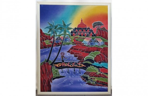 Indonéz batik kép / festmény fa hatású keretben 96x76cm