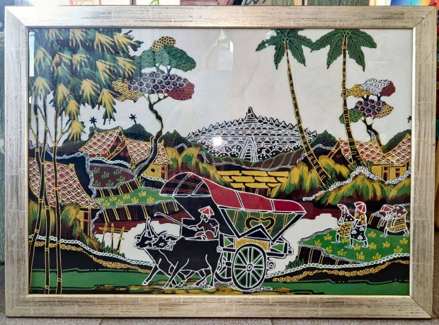 Indonéz batik kép / festmény üvegezett keretben 77x57cm