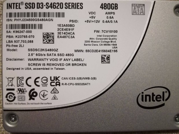 Intel 480 GB SSD 2,5"-os S4620 sorozat