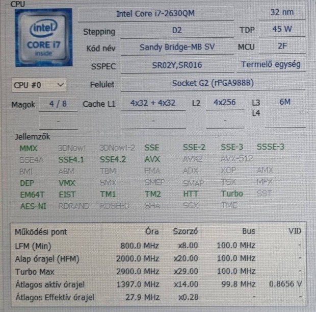 Intel Core i7 2630QM laptop processzor