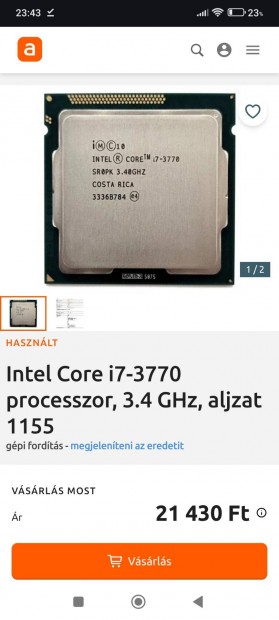 Intel Core i7 3770 3,4Ghz Boost 3,9Ghz 4mag 8szál 8M cache