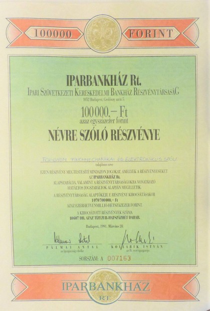 Iparbankhz rszvny 100.000 Ft nvre szl. 1991