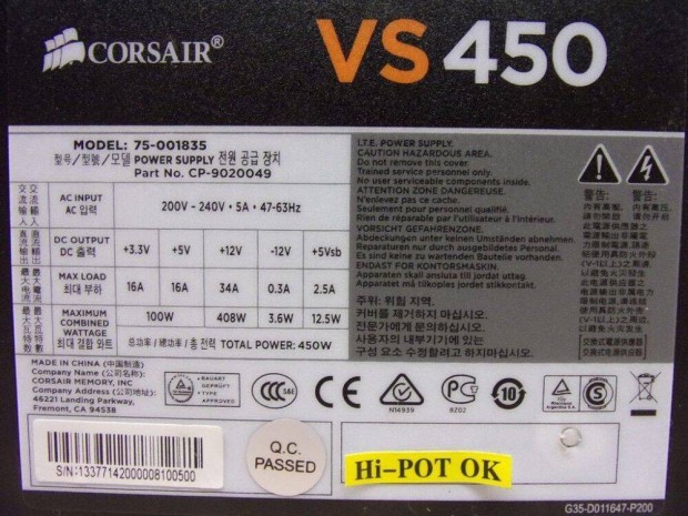 Ipari PC tpegysg, Corsair VS450, 450W,