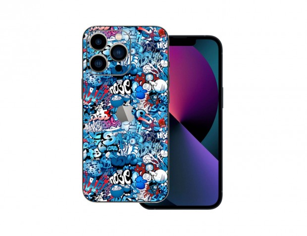 Iphone 13 pro - Kék graffity mintás fólia + 50 színben