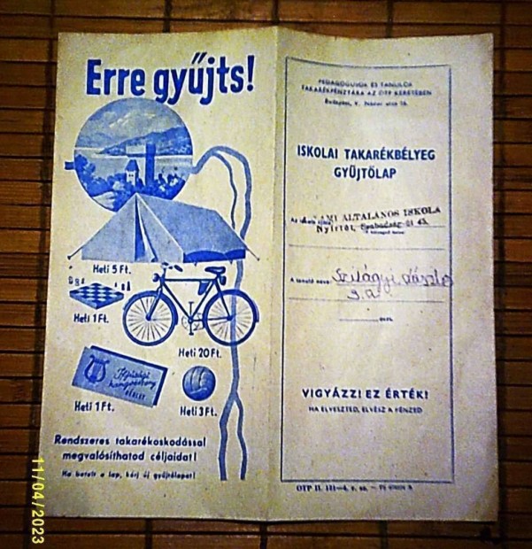 Iskolai takarkbett gyjtlap (1960-as vek)