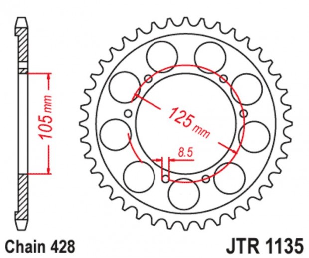 JT SPROCKETS Standard acél hátsó lánckerék 1135 - 428