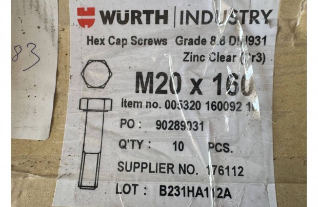 J Würth Hatlapfejű Acél Csavar Szárral ISO 4014 8.8 Horganyzott