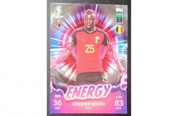 Jeremy Doku Belgium Energy focis krtya Topps Match Attax Euro 2024