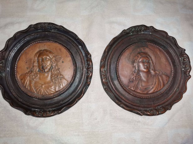 Jzus s Mria portr, bronzrozott festett, fali dsz vallsi kegytr