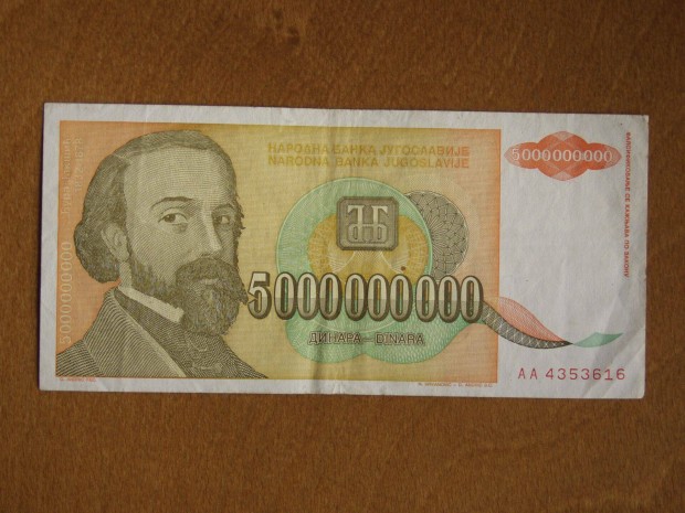 Jugoszlv papr 5.000.000.000 dinr, AA sorozat, 1993, ritka, EF+ ll