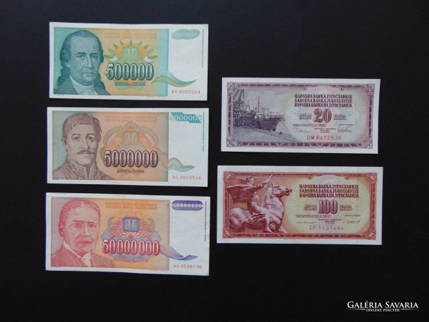Jugoszlvia 5 darab hajtatlan dinr bankjegy LOT !