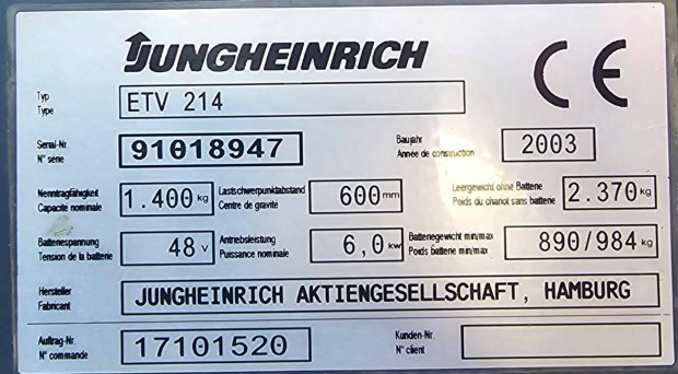 Jungheinrich ETV 214 elektromos tolóoszlopos targonca