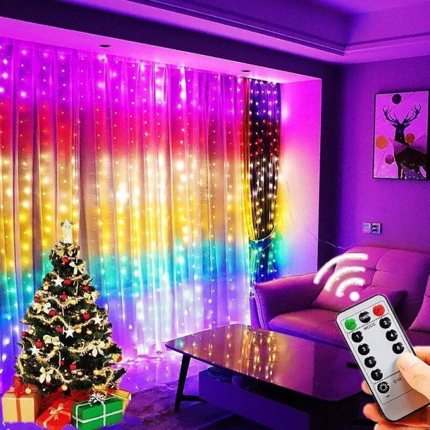 Karácsonyi vízálló USB LED szivárvány fényfüggöny dekoráció távirányít