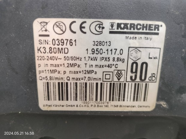 Karcher K3.80 MD magasnyoms mos 