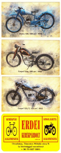 Kártyanaptár, veterán motor 3 db, Erdei Kerékpárbolt 1 db egyben