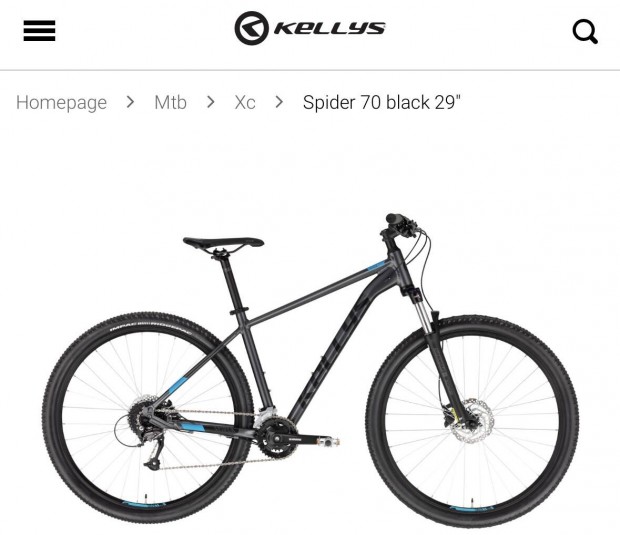 Kellys Spider 70 Black 29" MTB XC - "L" mret - Mountain bike