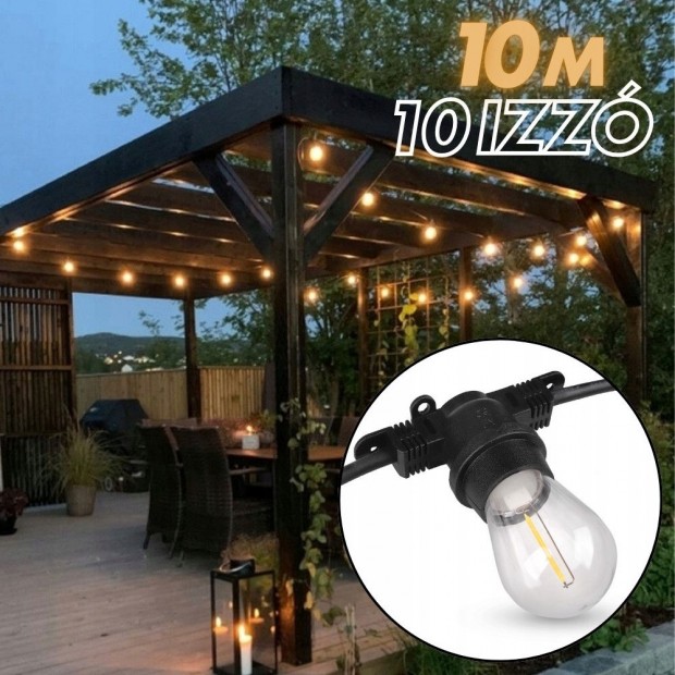 Kerti dekorációs fényfüzér | 10m + 11db LED izzó az árban | Kültéri é
